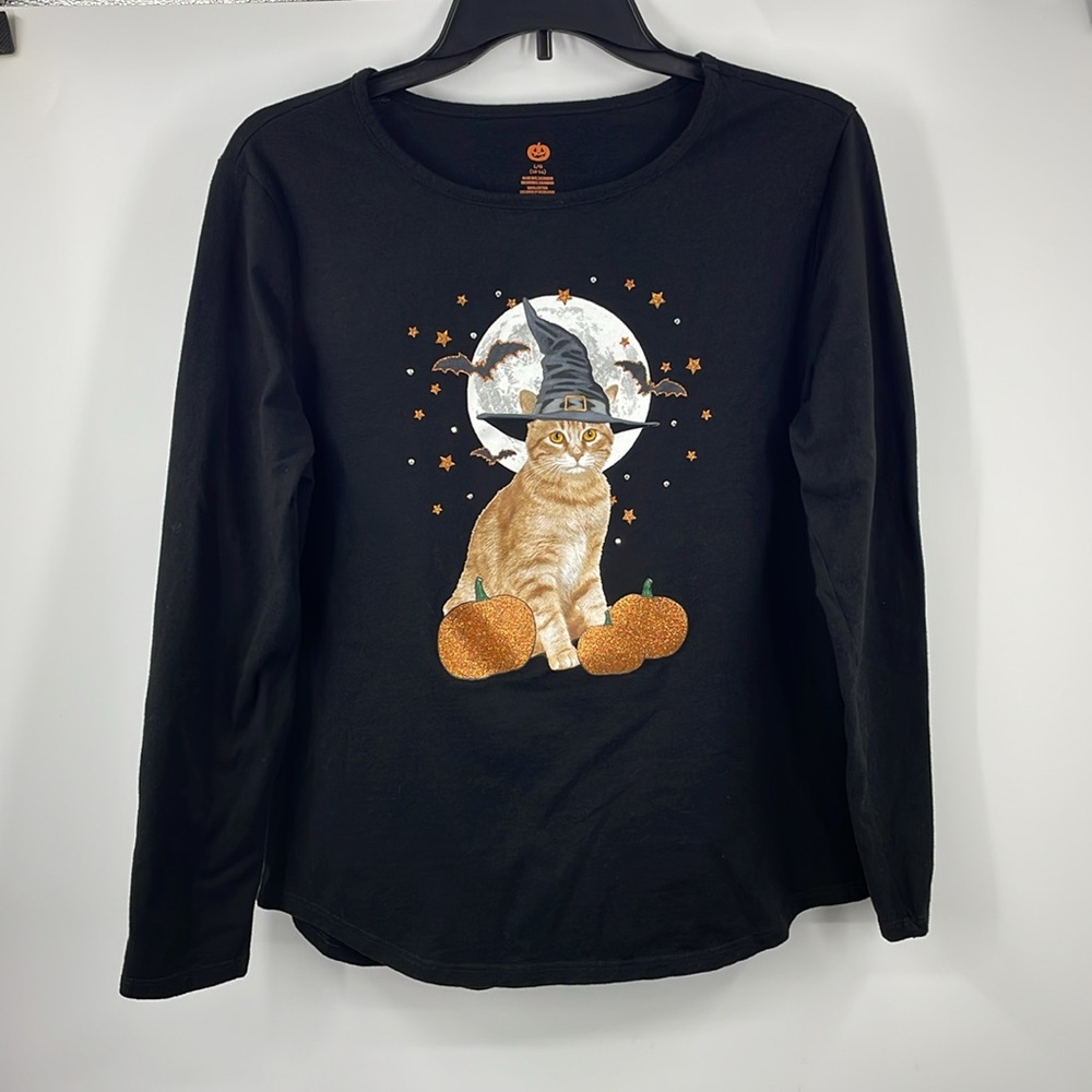 Halloween Orange Cat Witch Hat Pumpkins Bats Stars Shirt Size Large 12 14
